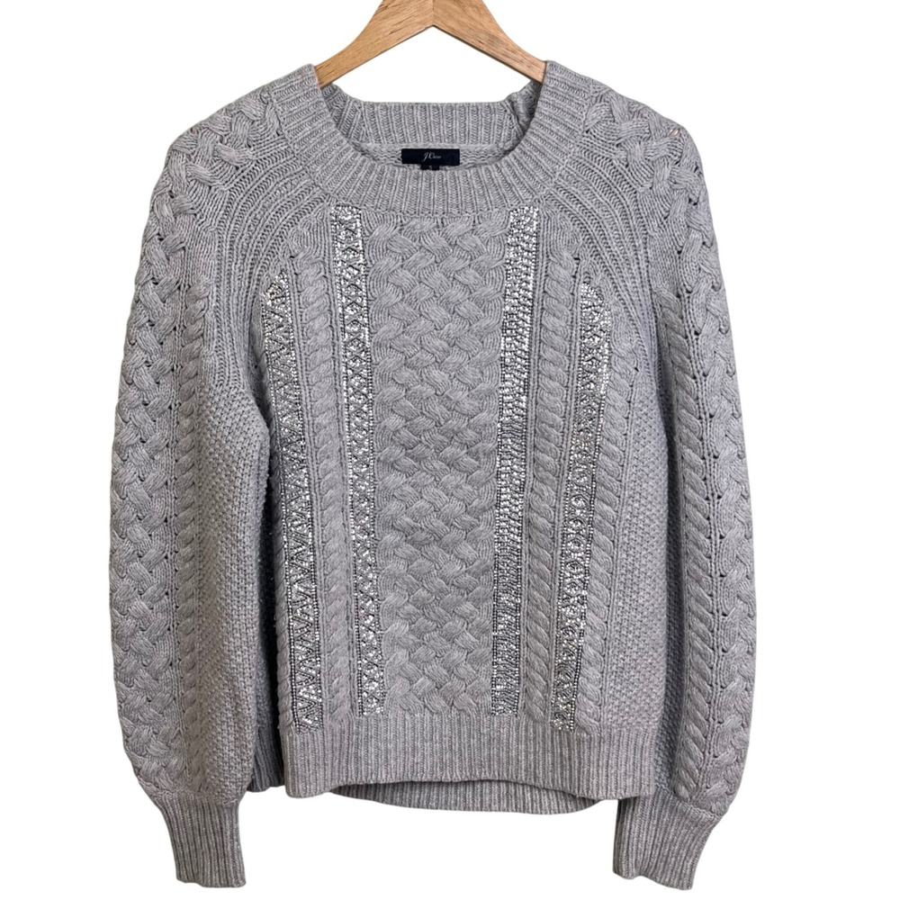 J Crew Gray Sequined Wool Blend Cable Knit Crew Pull Over Sweater Festive Small